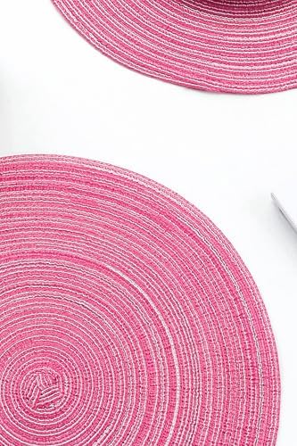 Floroom 15 Inch Round Braided Placemats Set of 4, Washable Heat Resistant Cotton Polyester Circle Place Mats for Kitchen Dining Table - Berry Pink