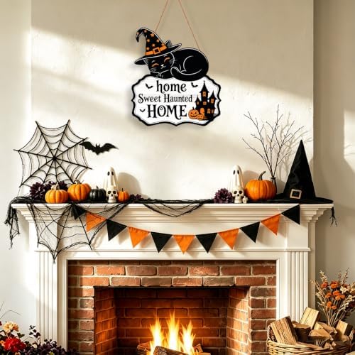 Halloween Decoration Wreath for Front Door Wooden Black Cat Door Decor