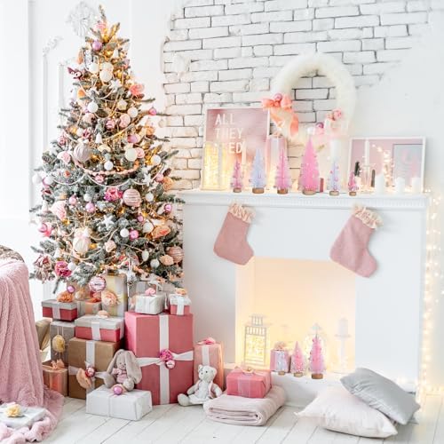 Leyndo 9 Pcs Pink Pearl Artificial Mini Christmas Tree with Wood Base