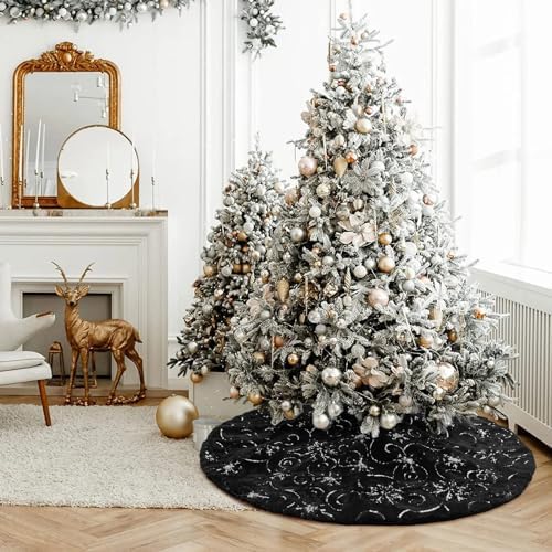 Christmas Tree Skirt Black 36 inch Silver Christmas Tree Skirt Snowflakes Faux Fur for Xmas Holiday Home Party Decorations