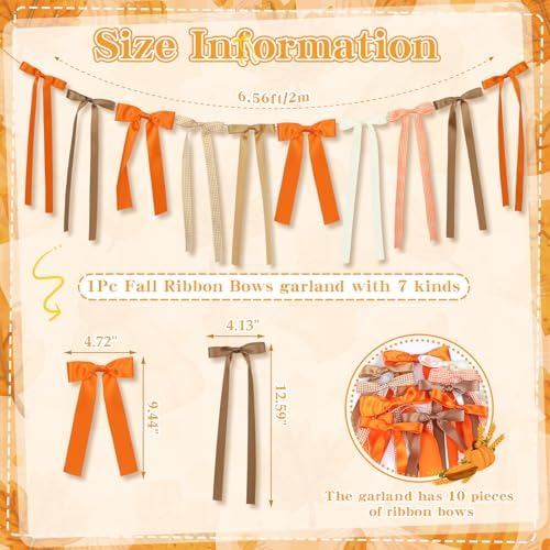 Fall Bow Garland, Fall Mantel Bows Garland Thanksgiving Bow Banner Autumn Hanging Garlands Fall Decorations for Home Office Fireplace Mantle Decor, Table Wall Halloween Thanksgiving Farmhouse Decor