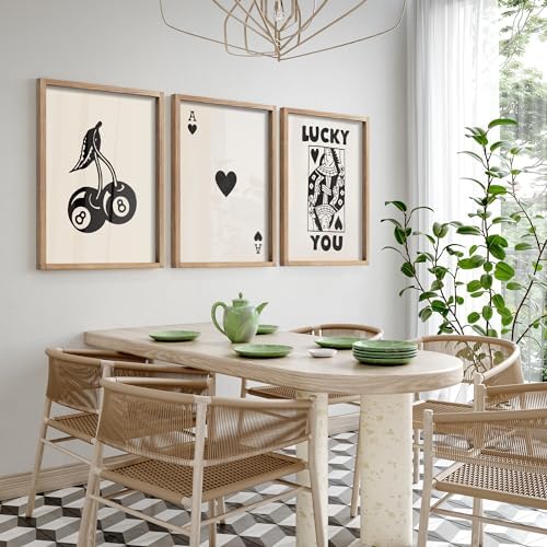 Heiple Framed Set of 3 Poker Wall Art Lucky You Poster, Trendy Retro Print Wall Decor for Queen of Hearts Wall Art