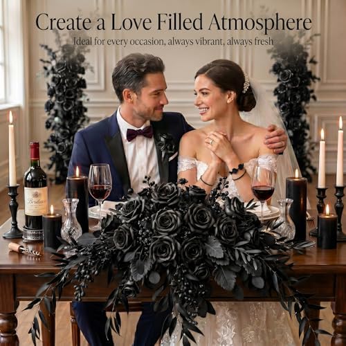 60 Pcs Black Velvet Artificial Roses Flowers with Black Leaves Real Looking Long Stems Bulk for Wedding Centerpieces,DIY Floral Arrangements,Home Decor,Anniversary,Valentine's Day
