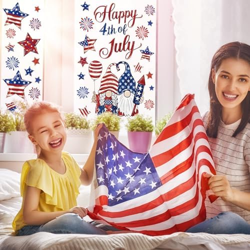 Whaline 6 Sheets Patriotic Window Clings Happy 4th of July Window Decal USA Gnome Star Firework Reusable Glass Sticker for Independence Day Memorial Day Home Party Decor