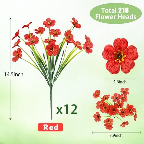 12 Bundles Red Artificial Flowers for Outdoors, UV Resistant Faux Plants