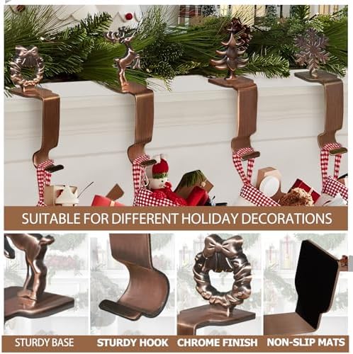 Christmas Stocking Holders for Mantle Set 4, Upgrade Stable Non-Slip Fireplace Holder, Metal Hangers for Mantle, Mantel Clip for Xmas Party Decoration (Bronze)
