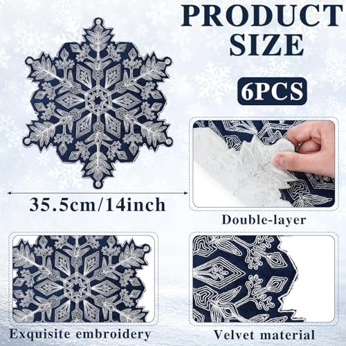 HunnmingRe Christmas Snowflake Placemats Set of 6 Embroidered Snowflake Table Mats 14 Inch Velvet Blue Christmas Table Decorations Xmas Washable Placemats for Xmas Holiday Tabletop Home Dining Kitchen