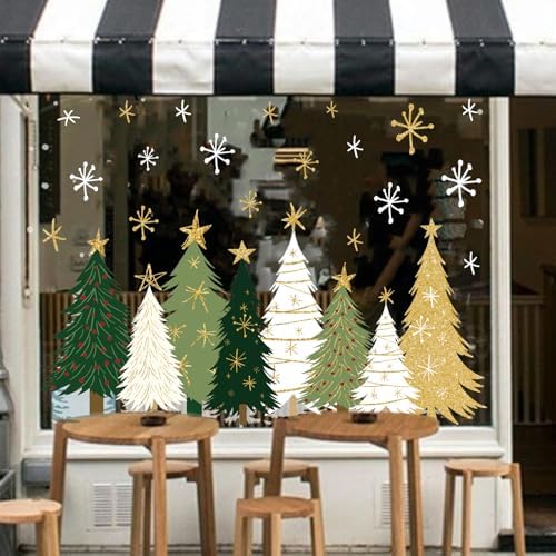 Whaline 9 Sheets Christmas Window Clings Window Decals White Green Gold Xmas Tree Snowflake Reusable Anti-Collision Windows Decor for Winter Home Glass Mirror Decor