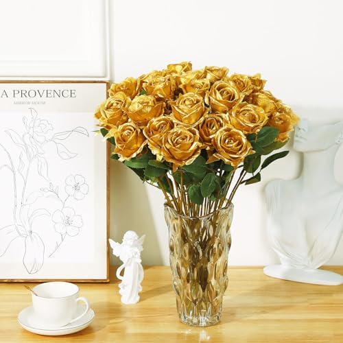 36 Pcs Gold Artificial Roses with Long Stems