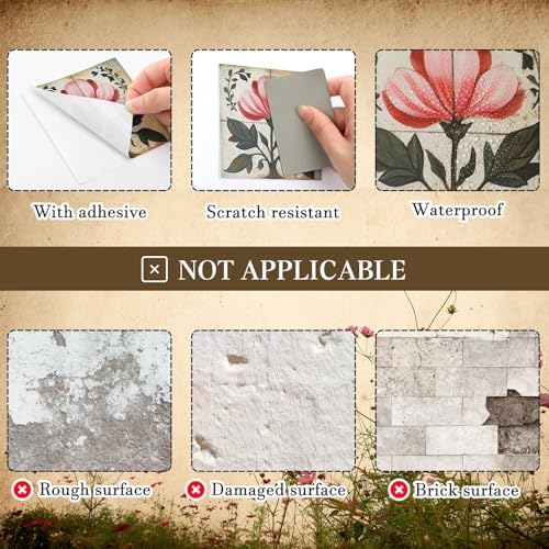 Flower Tile Stickers Watercolor Retro Rustic Floral Peel and Stick / Boho Flower / 4 x 4 / Set of 24