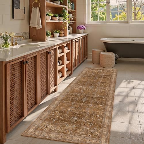 Washable Area Rug 2'6'' x 8' Vintage Traditional Persian Mat - Foldable Distressed Non-Slip Machine Washable Carpet for