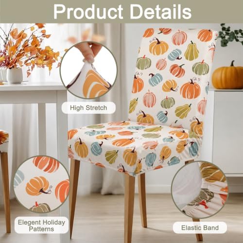 4 Pcs Fall Chair Covers for Dining Room, Thanksgiving Stretch Removable Dining Chair Cover Set of 4, Autumn Pumpkin Chair Slipcovers Seat Protector for Fall Restaurant Decor
