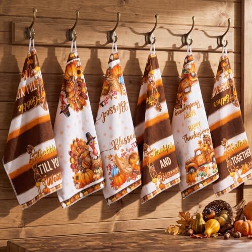 Redbaker 6 Pcs Thanksgiving Kitchen Towels, Turkey Pumpkin Funny Dish Towel, Fall Absorbent Farmhouse Decorative Fast Drying Tea Dishcloth with Hanging Loop for Kitchen Bathroom Home Housewarming Gift