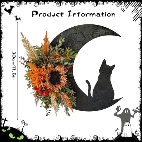 Halloween Wreath, Cat Moon Decor, Fall Door Hanger