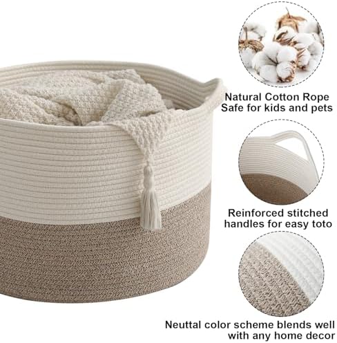 Large Woven Blanket Basket,65L Cotton Rope Laundry Basket