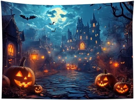 HVEST Horror Halloween Tapestry Wall Hanging Spooky Pumpkin and Gothic Haunted House Wall Art Moon and Scary Bat Tapestry for Bedroom Living Room Dorm Wall Decor, 70.9L X 92.5W inches