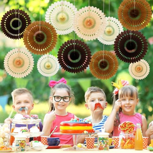 BestoFun 12PCS Paper Fans Brown Neutral Party Decorations Tissue Paper Flowers Boho Paper Fans Party Decorations for Girl Groovy Birthday Baby Shower Wedding Bachelorette Room Wall Hanging Décor