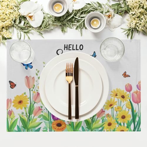 Spring Placemats Set of 4 18x12 Inch Floral and Butterfly Linen Place Mats Heat-Resistant Washable Wipeable Sunflower and Tulip Flowers Table Mat for Party Kitchen Dining Room Dinner Table Decor