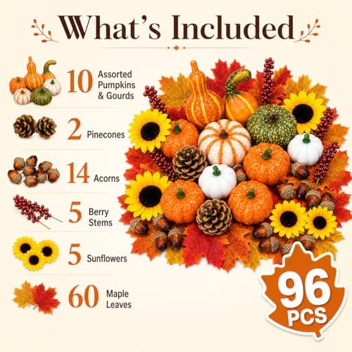 Artificial Fall Harvest Decor Set, 96 Piece Faux Pumpkins, Gourds, Sunflowers, Pinecones, Acorns, Berries and Maple Leaves for Thanksgiving, Halloween Table Centerpieces and Autumn Home Decor
