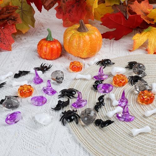 10160 pcs Halloween Acrylic Spider Mini Pumpkins Bat Ghost Skull Hat Acrylic Sensory, Halloween Vase Filler Gems for DIY Crafts, Home, Halloween Table Decoration