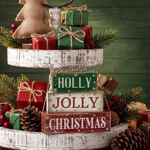 Moucuny 4 Pcs Christmas Table Decoration for Home Rustic Jolly Stacked Sign