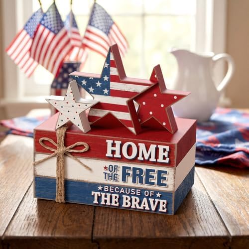 Geelin 4 Pcs 4th of July Wooden Book Stack Sign Decor, 250th Anniversary Patriotic Red White Blue USA Tabletop Decoration with Star Design, Rustic Farmhouse Tiered Tray Decor for Home Office Desk