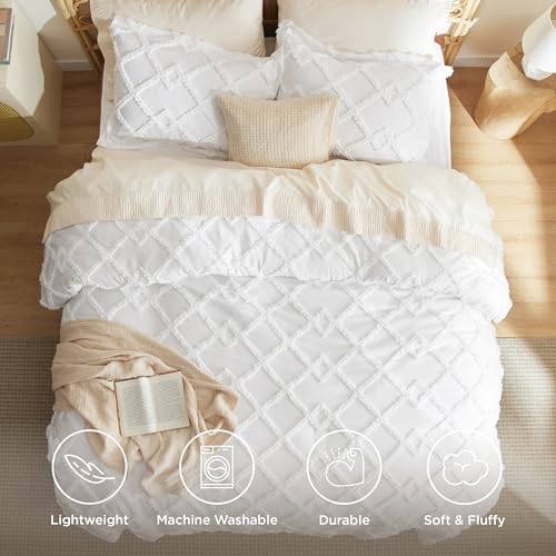 Bedsure Boho Comforter Set Twin - White Tufted Twin Size Comforter, 2 Pieces Farmhouse-Style Embroidery Bed Set, Soft