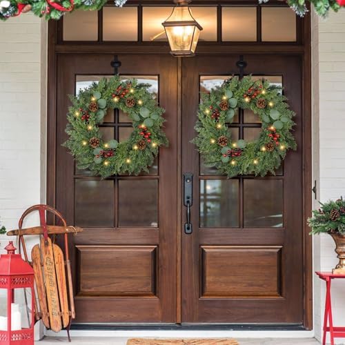 Christmas Wreath with Lights 24 Inch Real Touch Pine Wreath with Red Berries/Pine Cone Prelit Christmas Wreaths for Front Door Outdoor Christmas Decorations Winter Wreath for Windows Indoor Holiday