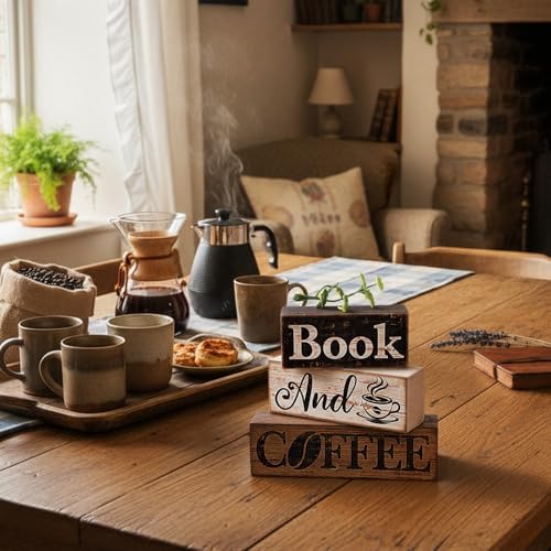 Moucuny 4 Pcs Farmhouse Table Decor Rustic Wooden Book and Coffee Signs