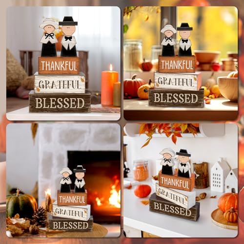 Lineshading 4 Pcs Wooden Fall Pilgrim Block Signs Tabletop Decor
