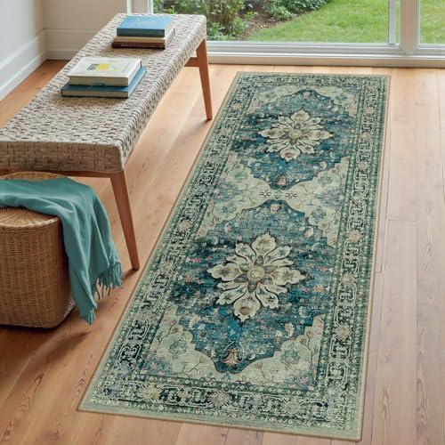 RELEANY Washable Area Rug, Runner 3'x8', Blue/Vintage Dark Blue