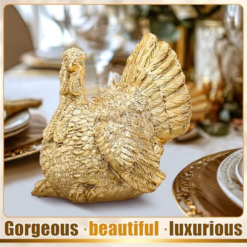 VioraWhite 3 Pack Fall Thanksgiving Turkey Decor Gold Resin Turkey Figurine