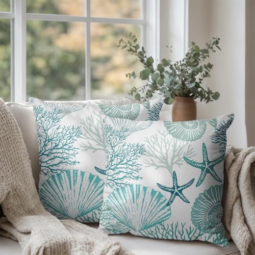 Nautical Coastal Blue Throw Pillow Covers 20x20 Set of 2 Summer Turquoise Teal Beach Outdoor Pillow Cover Coral Seashell Starfish Ocean Decorative Pillow Cases for Living Room Couch Sofa