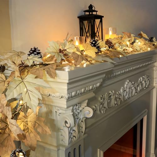 6 FT Realistic Fall Garland with Lights Timer Function Fall Leaves Maple Garland with Berries Pine Cones Autumn Automatic Fall Decorations for Home Mantle Fireplace Porch Table Decor