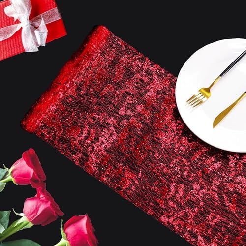 Snowkingdom Red Sparkly Table Runner Sequin Glitter Metallic Foil Mesh Runner 11 Inch x 100 Feet Romantic Wedding Reception Anniversary Birthday Party Bridal Shower Mother's Day Table Decoration