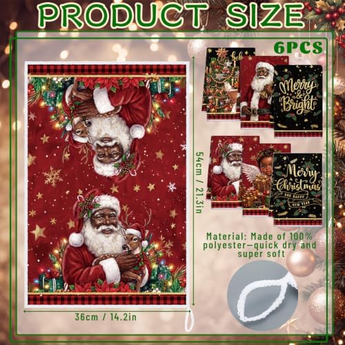 Redbaker 6 Pcs Christmas Kitchen Towels, Black Santa Claus Funny Dish Towel, Xmas Angel Absorbent Fast Drying Tea Dishcloth with Hanging Loop for Kitchen Bathroom Home Housewarming Gift