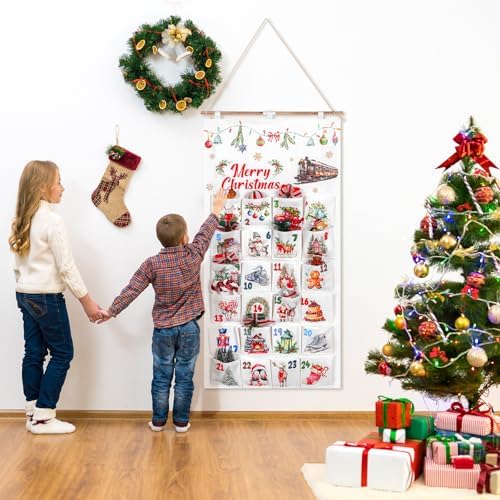 Fabric Christmas Advent Calendar with Pockets 24 Days Christmas Countdown Advent Calendar Hanging Countdown Calendar to Fill Reusable Wall Hanging Storage Bag for Home Xmas Holiday Decor