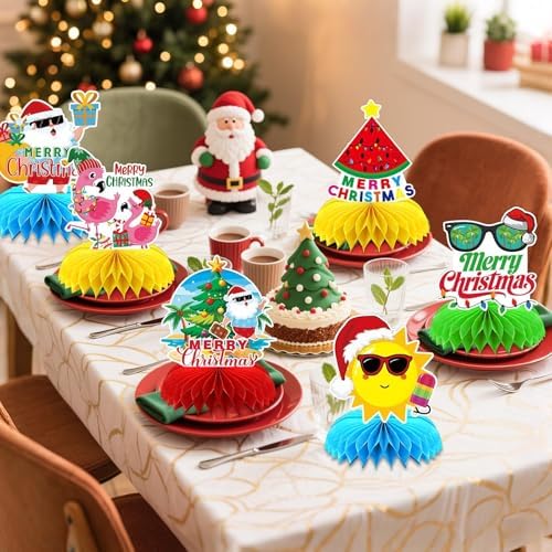 10 Pcs Summer Christmas Decorations, July Summer Christmas Table Honeycomb Hawaiian Christmas Party Toppers Summer Beach Decorations for Christmas Holiday Supplies