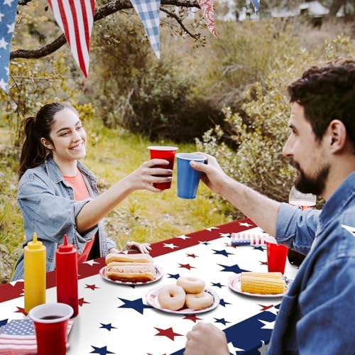 Gistome 3 Pack 54 x 108 Inch 4th of July Plastic Tablecloths, Red White Blue Stars Disposable Rectangle Table Covers for Independence Day Memorial Day Party Decorations