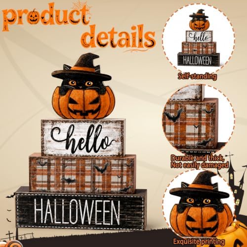 4Pcs Halloween Tabletop Decorations Wooden Cat Pumpkin Signs Gift
