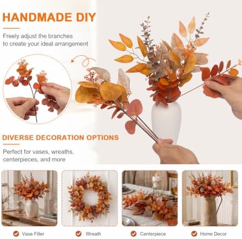 lovemoon 260 Pcs Fall Mixed Greenery Artificial Eucalyptus Stems, Orange