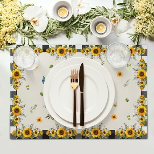 Sunflower Placemats Set of 4 18x12 Inch Summer Fruit Black and White Buffalo Plaid Linen Place Mats Heat-Resistant Washable Wipeable Yellow Floral Table Mat for Kitchen Dining Room Dinner Table Decor