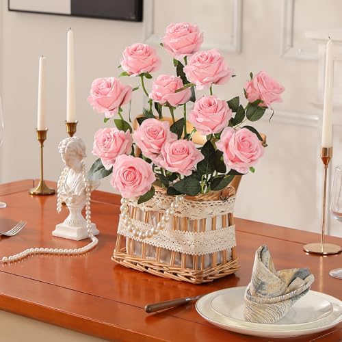 10pcs Pink Roses Artificial Flowers, Realistic Faux Rose with Long Stem