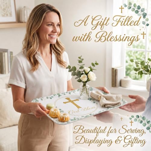 Vesici 4 Pack Eucalyptus God Bless Melamine Serving Trays, 13 x 10 Inch Rectangular Religious Decorative Platters with Gold Cross, Durable Serving Plates for Baptism, First Communion & Church Events