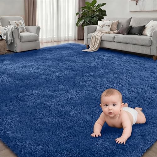 9x12 Area Rug Living Room Bedroom: Fluffy Plush Shag Carpet Blue