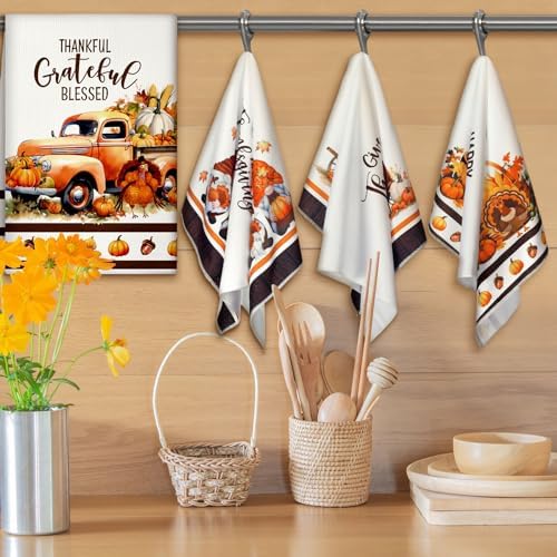 Geyoga Set of 6 Fall Kitchen Towels Autumn Dish Towel Vintage Pumpkin Towel