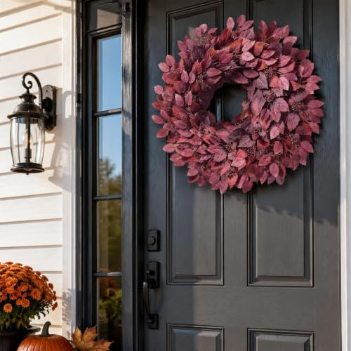 26" Artificial Hibiscus Leaves Fall Wreath for Front Door Decor(Autumn Red)