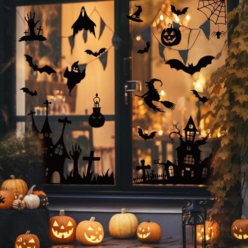 Whaline 6 Sheets Halloween Window Clings Black Castle Graveyard Bat Silhouette Reusable Window Decals for Spooky Holiday Haunted House Home Office School Glass Decor