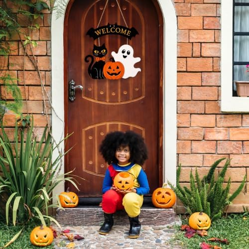 Halloween Welcome Wreath for Front Door Wooden Black Cat Ghost Door Decor