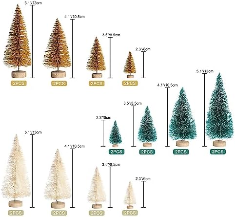 8pcs Mini Christmas Tree, Artificial Bottle Brush Trees with Wood Base, Tabletop Miniature XmasTrees with 4 Small Christmas Wreath, Fake Xmas Tree Ornament, White Christmas Tree for Christmas Décor